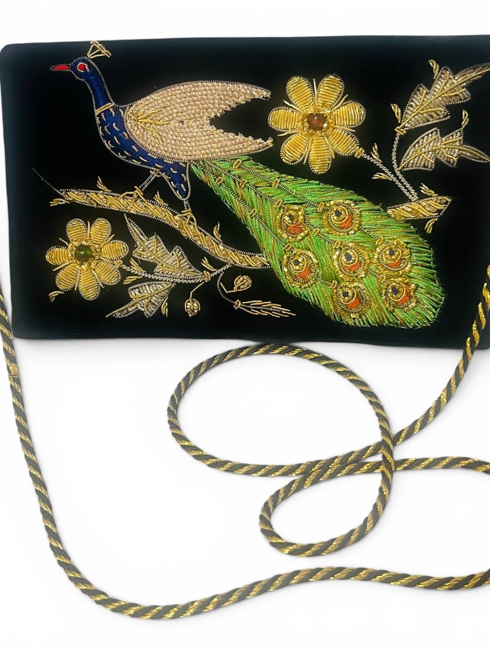 Vintage Black Velvet Peacock Embroidered Evening Bag, Jeweled Peacock Clutch